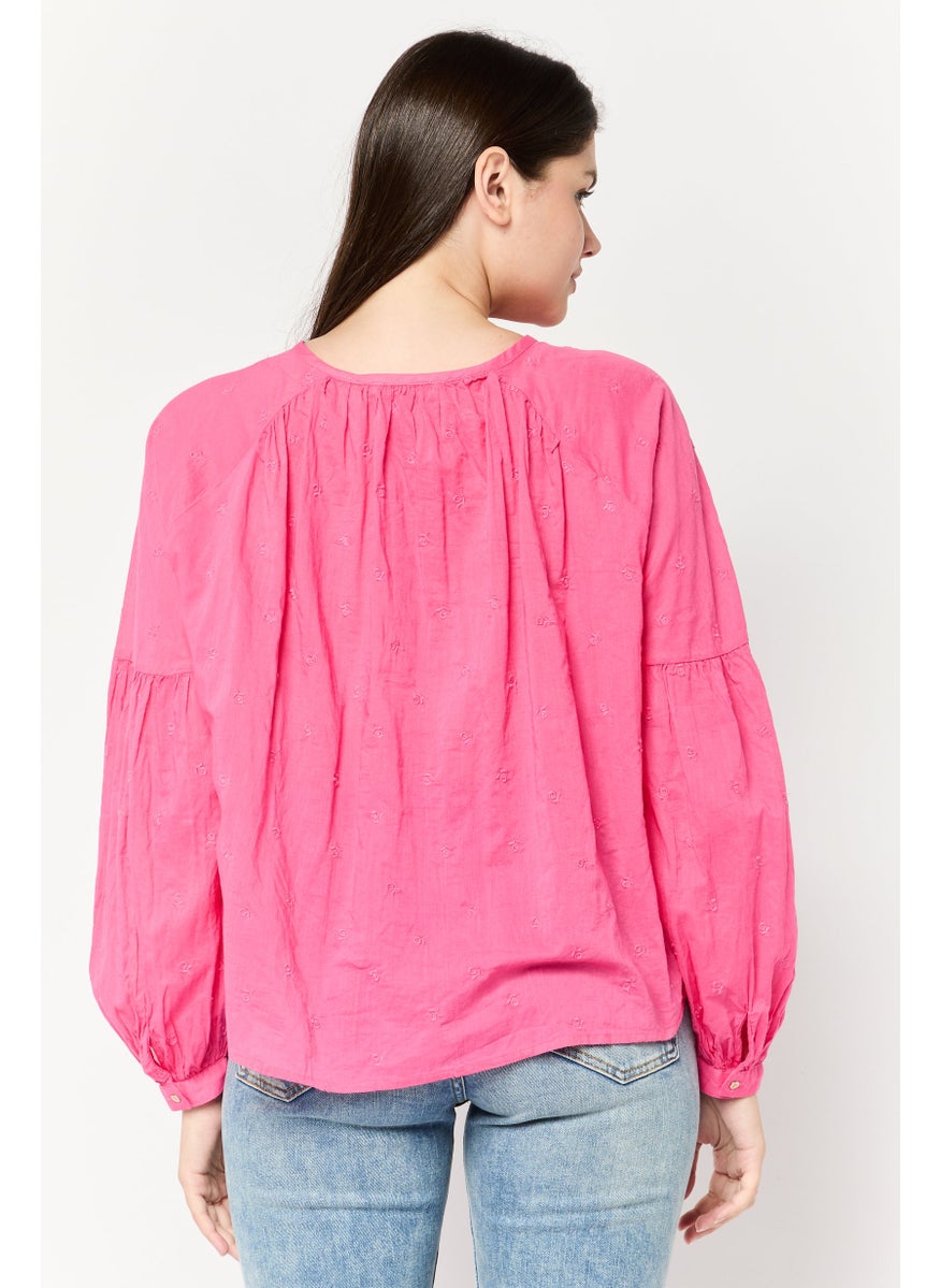 Scotch & Soda Women Crew Neck Cuffed Sleeves Embroidered Blouse, Pink  - Image 4