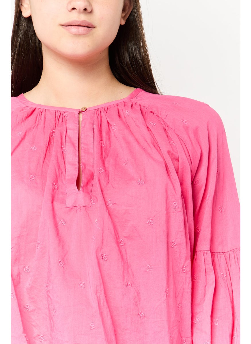 Scotch & Soda Women Crew Neck Cuffed Sleeves Embroidered Blouse, Pink  - Image 3