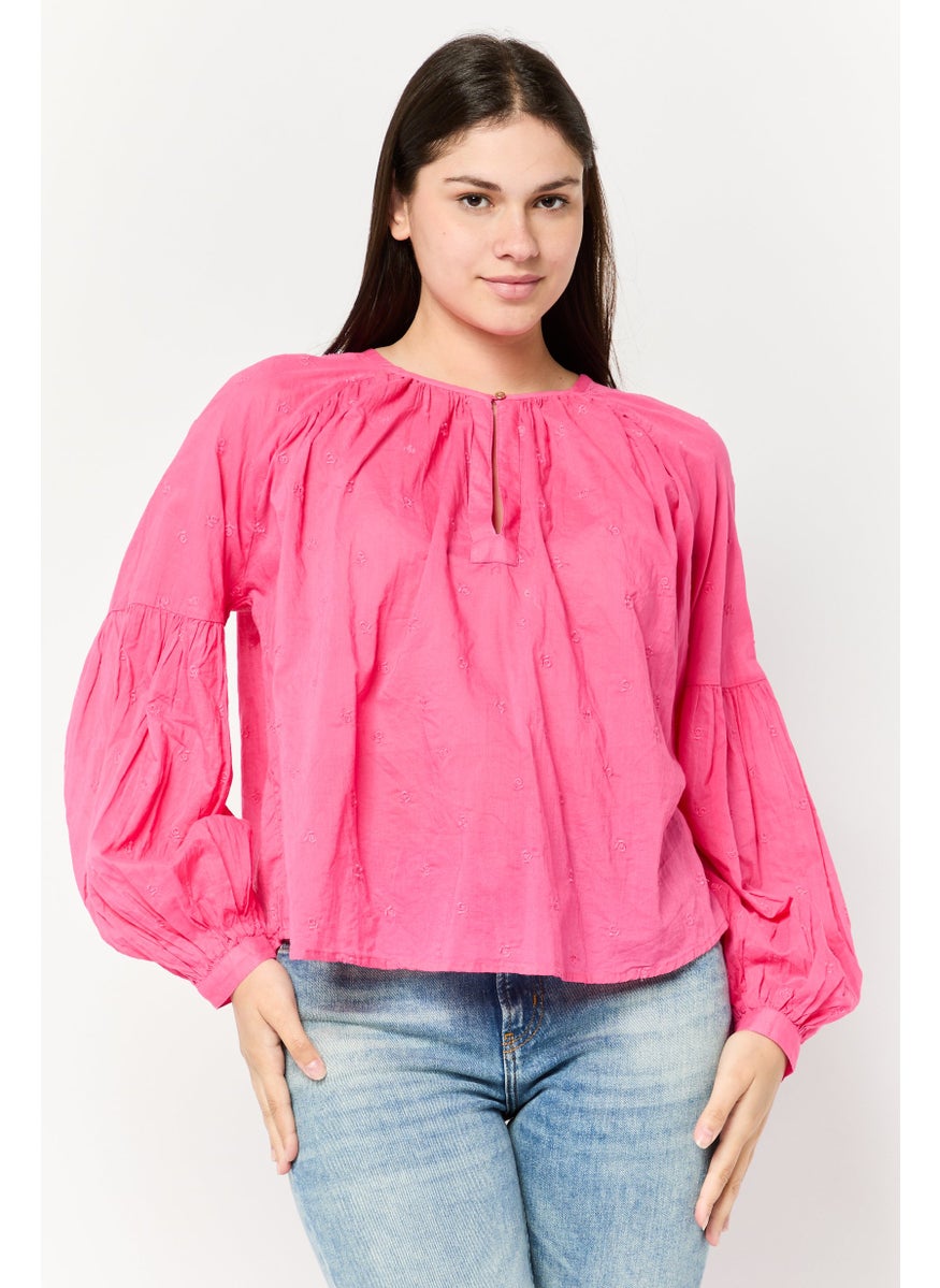 Scotch & Soda Women Crew Neck Cuffed Sleeves Embroidered Blouse, Pink  - Image 1