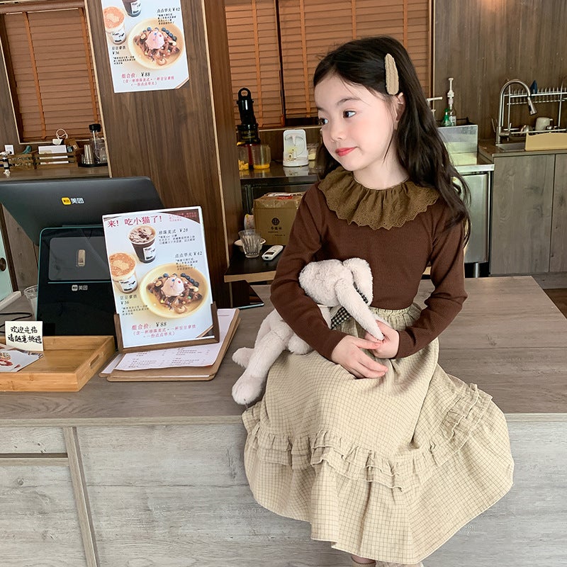 Girls Vintage Knit Floral Polka Dot Vest Autumn Lace bottoming shirt 