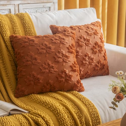 COSIBONO Maple Leaf Fall Throw Pillow Covers 18x18 Set of 2 Rust Red Farmhouse Decorative Pillow Covers for Autumn Harvest Holiday Accent Pillow Cases Faux Fur Pillow Covers for Couch Bed Room