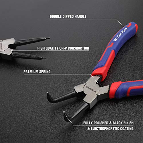 WORKPRO 4-Piece Snap Ring Pliers Set - Heavy Duty 7-inch Internal/External Circlip Pliers Kit (Tip Diameter 5/64'')-Straight/Bent Jaw - Cr-V Steel - For Ring Remover Retaining- Storage Pouch Included - Image 3