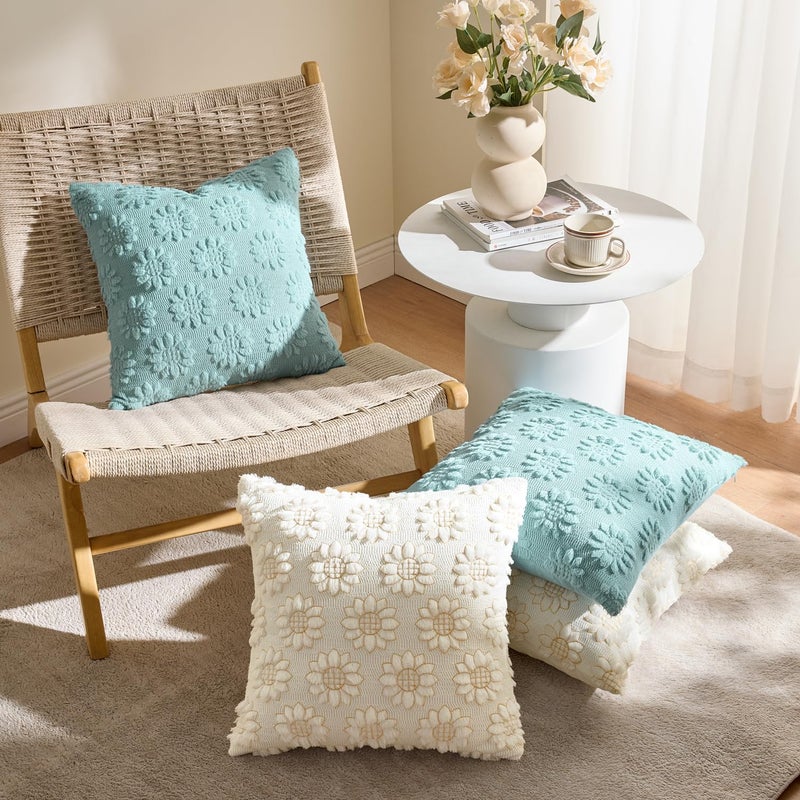 EMEMA Sunflower Throw Pillow Covers 18x18 Inch Set of 2, Spring Summer Embroidered Floral Decorative Pillowcases Soft Plush Farmhouse Cushion Covers with Zipper for Couch Sofa Bed Living Room, Cream - Image 3
