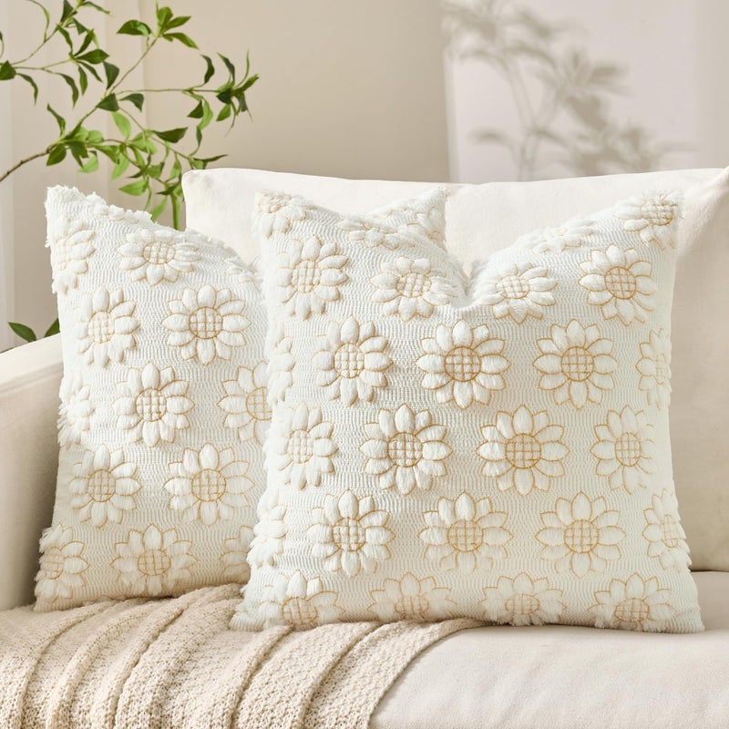 EMEMA Sunflower Throw Pillow Covers 18x18 Inch Set of 2, Spring Summer Embroidered Floral Decorative Pillowcases Soft Plush Farmhouse Cushion Covers with Zipper for Couch Sofa Bed Living Room, Cream - Image 1