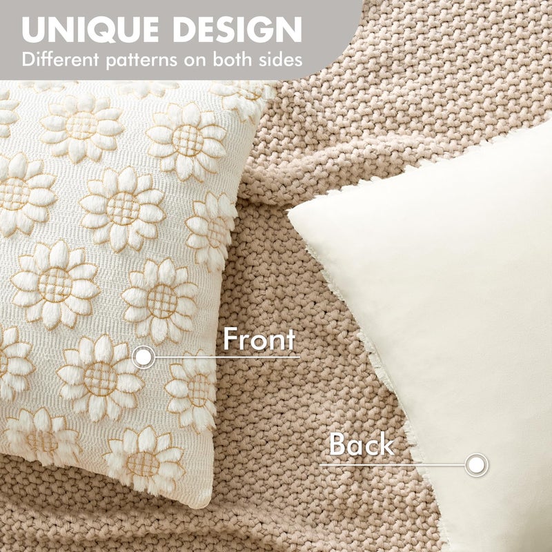 EMEMA Sunflower Throw Pillow Covers 18x18 Inch Set of 2, Spring Summer Embroidered Floral Decorative Pillowcases Soft Plush Farmhouse Cushion Covers with Zipper for Couch Sofa Bed Living Room, Cream - Image 5