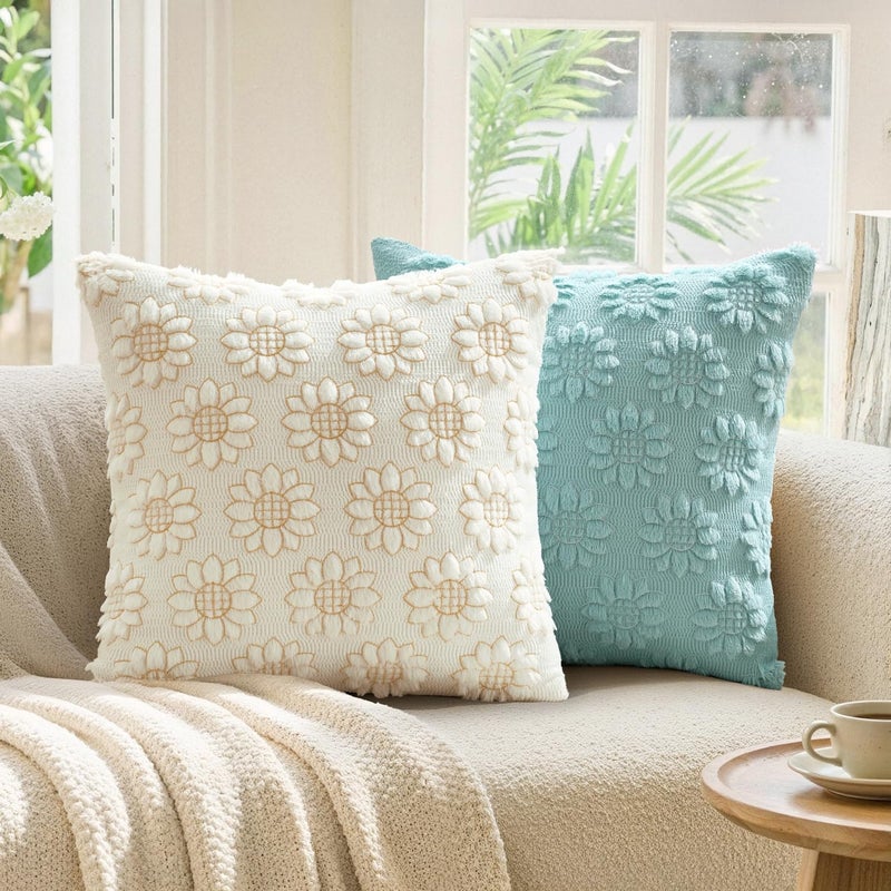 EMEMA Sunflower Throw Pillow Covers 18x18 Inch Set of 2, Spring Summer Embroidered Floral Decorative Pillowcases Soft Plush Farmhouse Cushion Covers with Zipper for Couch Sofa Bed Living Room, Cream - Image 2
