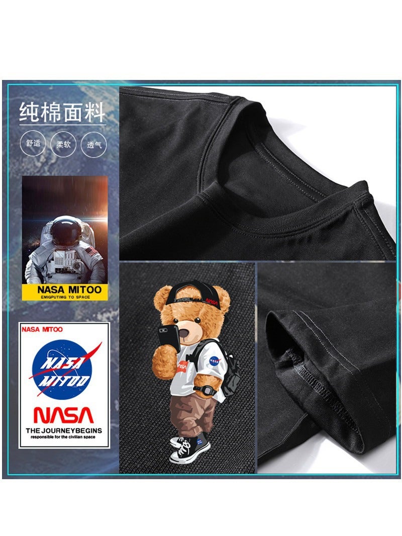 Pure Cotton Short-Sleeved T-Shirt 2024 Summer Loose Round Neck Top for Men and Women Trendy Brand Nasa Cute Cartoon Bear T-Shirt - Image 5