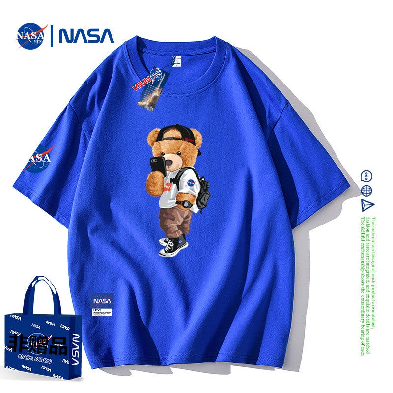 Pure Cotton Short-Sleeved T-Shirt 2024 Summer Loose Round Neck Top for Men and Women Trendy Brand Nasa Cute Cartoon Bear T-Shirt - Image 1