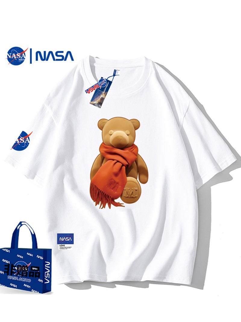 Pure Cotton Short-Sleeved T-Shirt 2024 Summer Loose Round Neck Top for Men and Women Trendy Brand Nasa Cute Cartoon Bear T-Shirt - Image 3
