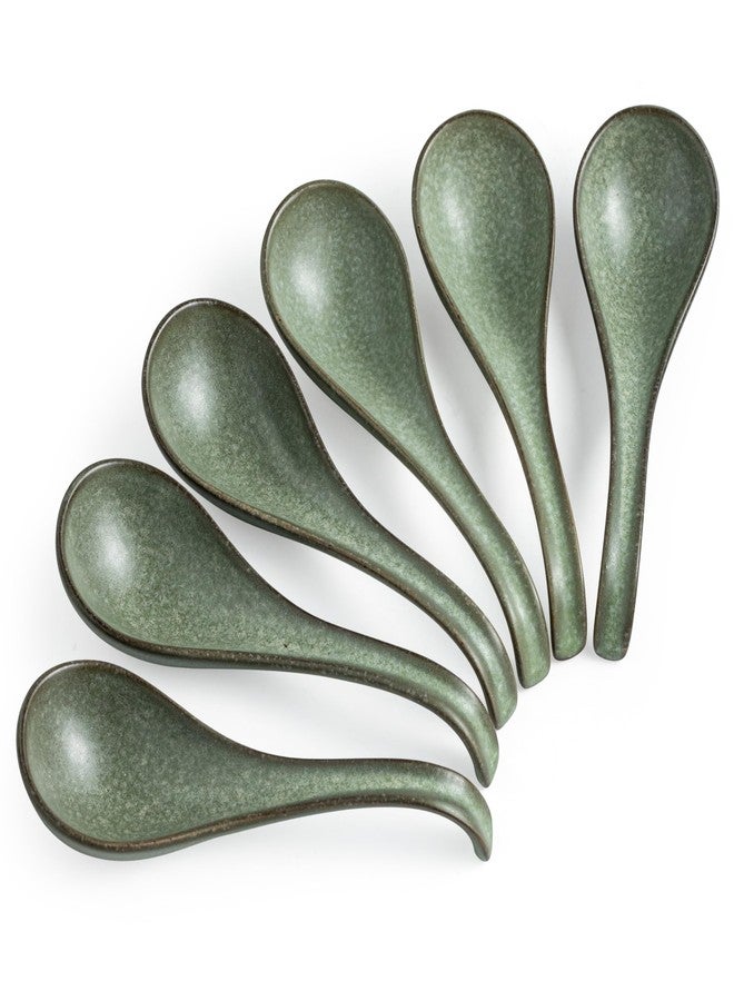 LYEOBOH Asian Soup Spoon, Chinese Soup Spoons, Ramen Spoons, Japanese Ceramic Soup Spoon Set of 6,Thanksgiving Christmas Kitchen With Long Handle for Serving, Ramen, Pho, Noodles, Green - Image 1