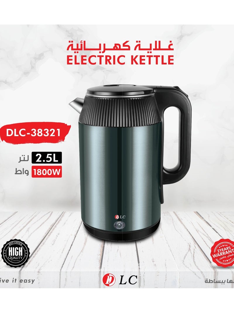 DLC Electric Kettle 2.5L – 1800W with Hot-Proof Double Layer Body, 360° Cordless Base, Stainless Steel Heating Element, Boil-Dry Protection 2.5 L 1800 W 38321 Light Green - Image 1