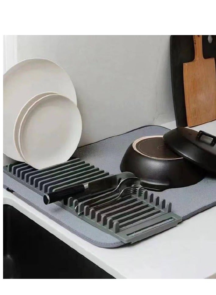 2-in-1 Dish Drying Rack - with Removable Non-Slip Microfiber Mat - Grey AW  - Image 2