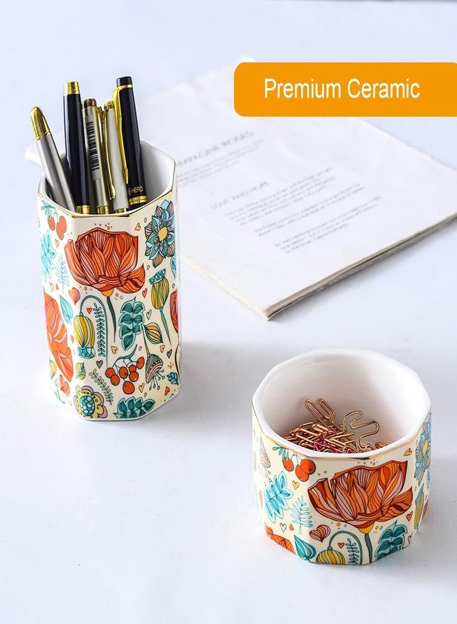 YOSCO Aesthetic Desk Organizer Set of 2 For Office, Pen Holder and Paper Clip Holder Dispenser, Ceramic Cute Pencil Cup for Desk, Desktop Accessories, Office Decor, Ideal Gifts for Women, Mom (Flower) - Image 2