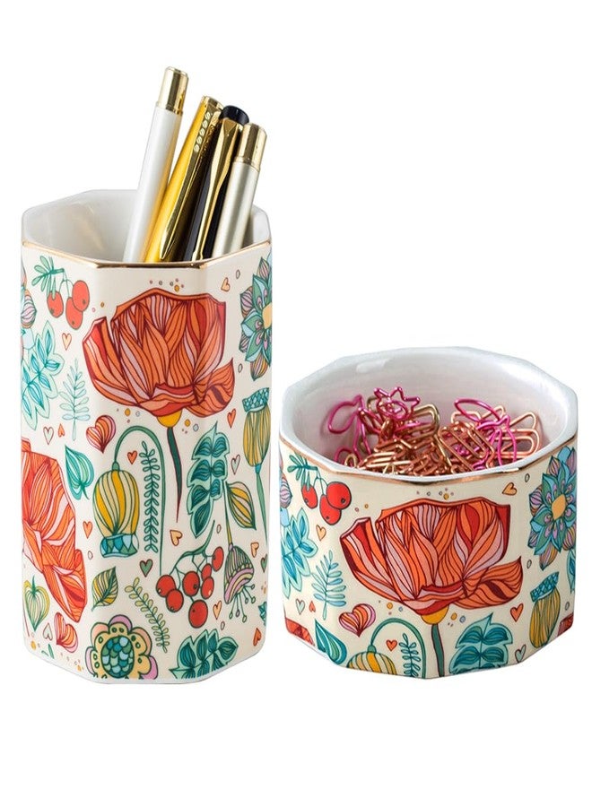 YOSCO Aesthetic Desk Organizer Set of 2 For Office, Pen Holder and Paper Clip Holder Dispenser, Ceramic Cute Pencil Cup for Desk, Desktop Accessories, Office Decor, Ideal Gifts for Women, Mom (Flower) - Image 1