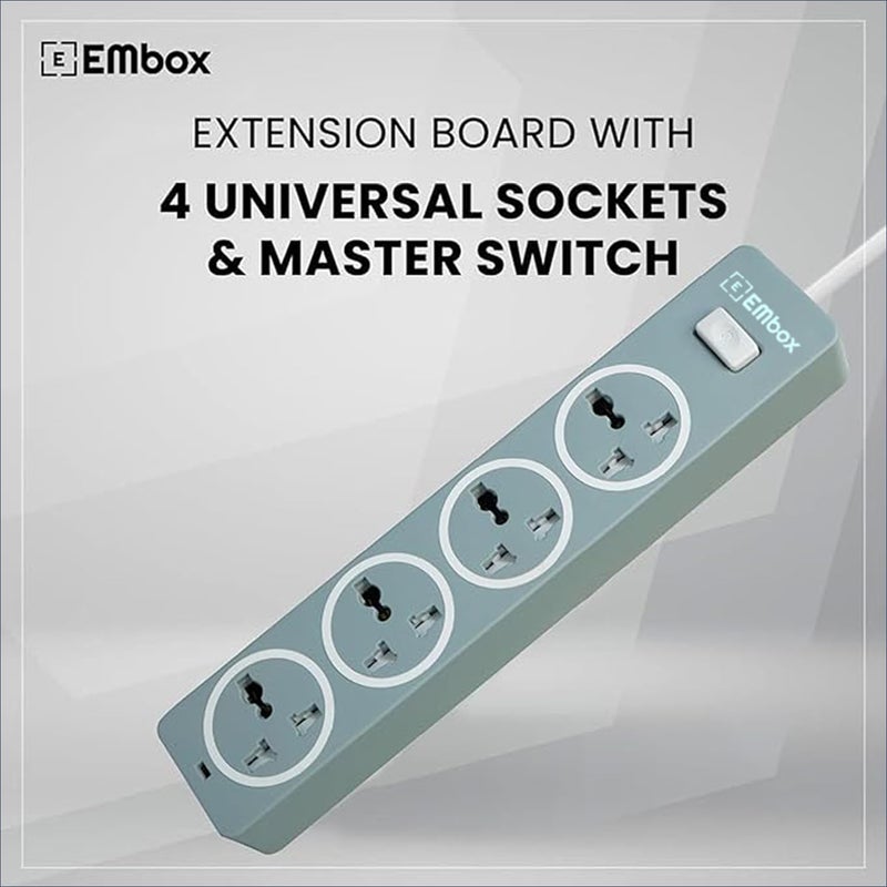EMBOX EMBOX 10A Extension Board with Master SwitchExtension Cord with 4 Universal SocketsSpike Guard with Safety Shutter and LED Indicator1500W Grey5 Meter Cable  - Image 3