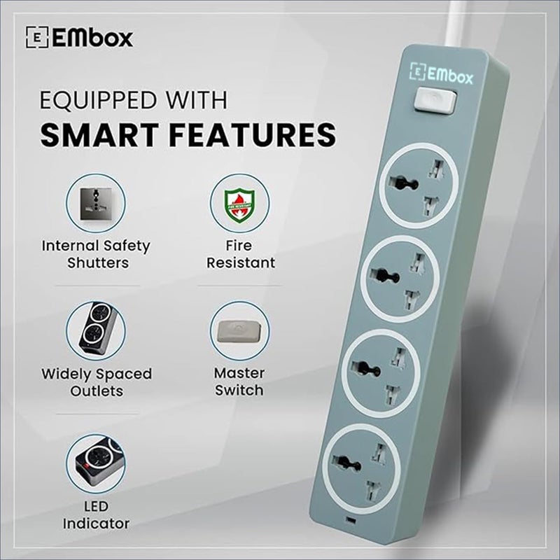 EMBOX EMBOX 10A Extension Board with Master SwitchExtension Cord with 4 Universal SocketsSpike Guard with Safety Shutter and LED Indicator1500W Grey5 Meter Cable  - Image 2