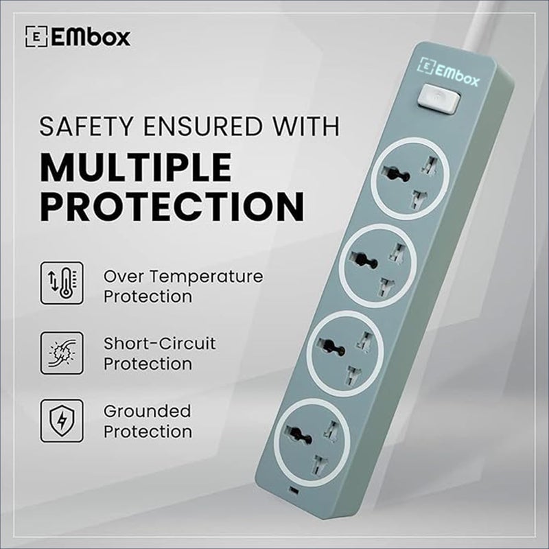EMBOX EMBOX 10A Extension Board with Master SwitchExtension Cord with 4 Universal SocketsSpike Guard with Safety Shutter and LED Indicator1500W Grey5 Meter Cable  - Image 4