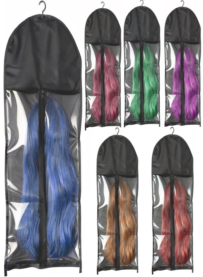 MDDEYEMEFO 6 Pack Hair Extension Holder Wig Storage Bags with Hanger for Multiple Wigs Storage, Dust-Proof Wig Storage Clear Bag for Travel/Home (Black) - Image 1