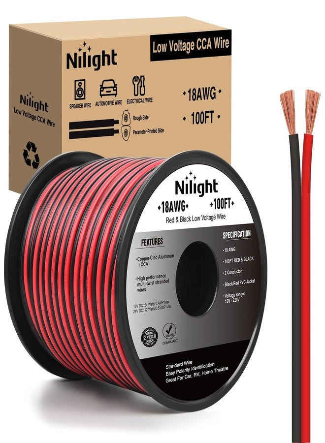 نيلايت سلك نيلايت بطول 100 قدم، مصنوع من الألومنيوم المطلي بالنحاس عيار 18AWG، لون أحمر/أسود، كابل كهربائي CCA ثنائي الموصلات، موصلان متوازيان، يعمل بجهد 12/24 فولت تيار مستمر، سلك تمديد مرن لأنظمة صوت السيارة، الراديو، مكبرات الصوت، ومضخمات الصوت. - Image 1