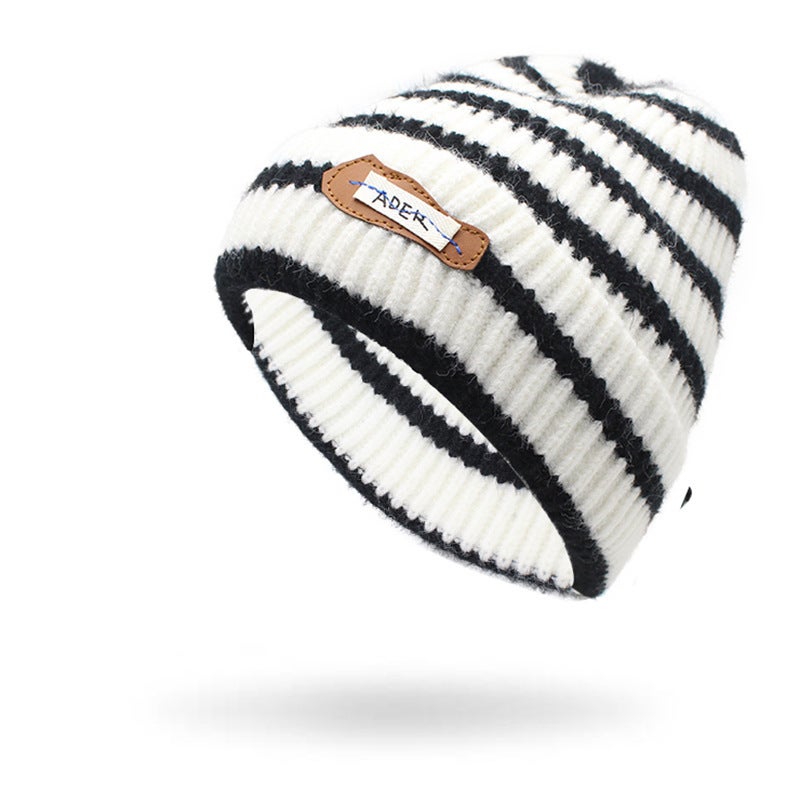 Beanie Women Korean Stripe Rabbit Hair Patch Knitted Couple Warm Fashion Hat - Image 2