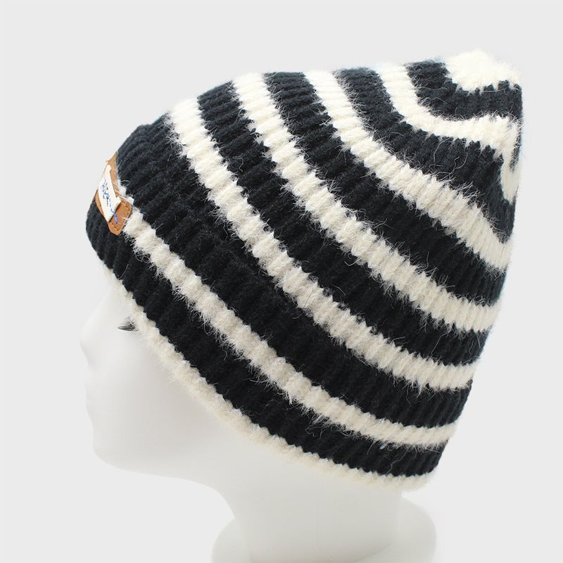 Beanie Women Korean Stripe Rabbit Hair Patch Knitted Couple Warm Fashion Hat - Image 3