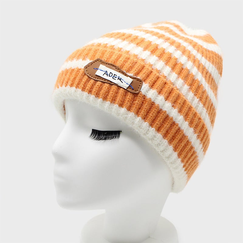 Beanie Women Korean Stripe Rabbit Hair Patch Knitted Couple Warm Fashion Hat - Image 1