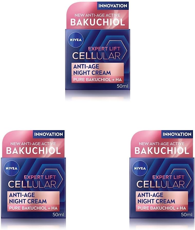 NIVEA Cellular Expert Lift AntiAge Night Cream 50ml AntiWrinkle Night Cream with Pure Bakuchiol Night Face Cream Containing Hyaluronic Acid Night Cream for Women Pack of 3