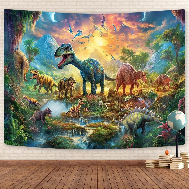 GOAOK Dinosaur Decor Tapestry for Kids Boys Bedroom, Cute Dino Forest Anicient Animals Fairytale Tapestries Wall Hanging for College Dorm Home, Funny T-Rex Poster Blanket 60X40 Inch - Image 2