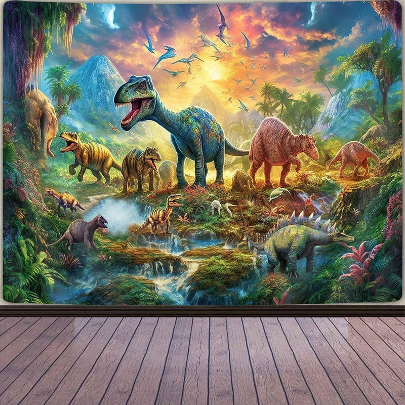 GOAOK Dinosaur Decor Tapestry for Kids Boys Bedroom, Cute Dino Forest Anicient Animals Fairytale Tapestries Wall Hanging for College Dorm Home, Funny T-Rex Poster Blanket 60X40 Inch - Image 4