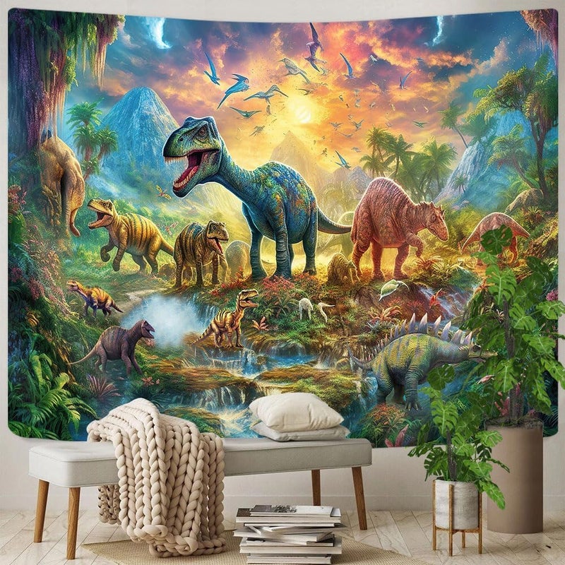 GOAOK Dinosaur Decor Tapestry for Kids Boys Bedroom, Cute Dino Forest Anicient Animals Fairytale Tapestries Wall Hanging for College Dorm Home, Funny T-Rex Poster Blanket 60X40 Inch - Image 5