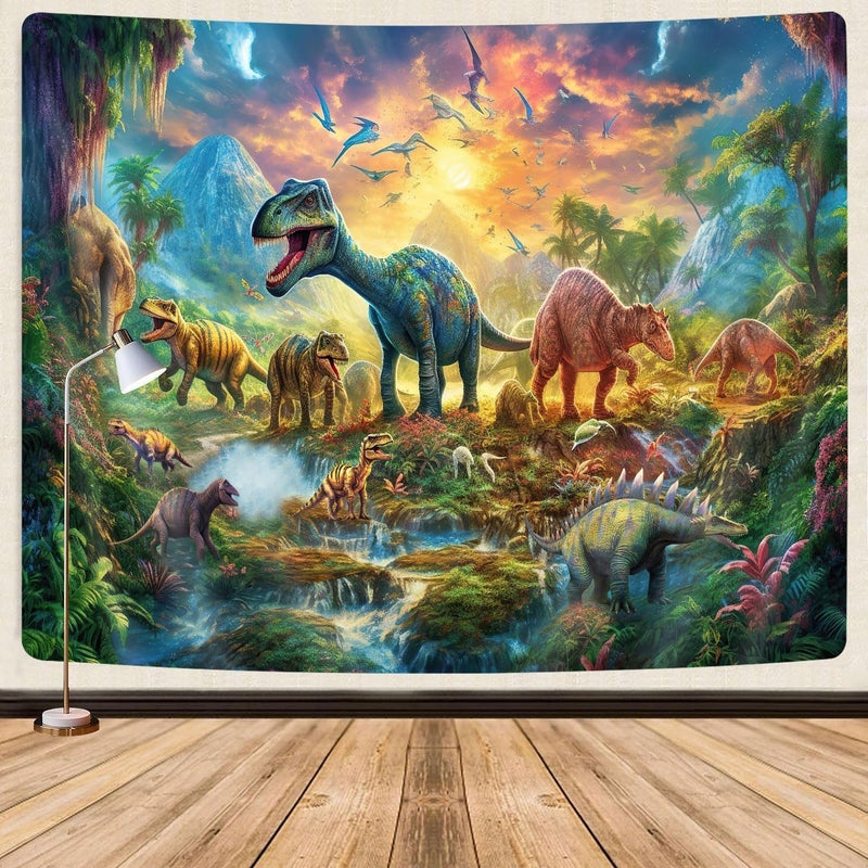 GOAOK Dinosaur Decor Tapestry for Kids Boys Bedroom, Cute Dino Forest Anicient Animals Fairytale Tapestries Wall Hanging for College Dorm Home, Funny T-Rex Poster Blanket 60X40 Inch - Image 1