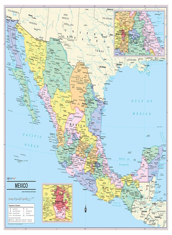 Cool Owl Maps Mexico Wall Map Poster - Rolled 35"x30" (laminated)