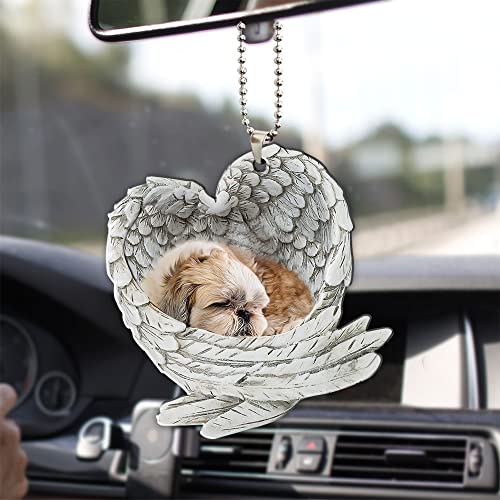 Talataca Shih Tzu Shitzu Sleeping Angel Wing Animal Pet Dog Farmhouse 2D Flat Car Rear View Mirror Accessories Christmas Tree Ornament Decoration Hanging Charm Interior Rearview Pendant Decor Gift - Image 1