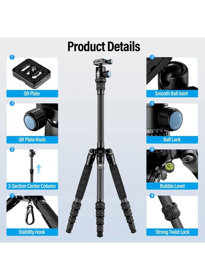 sirui Compact Traveler 5C Tripod 54.3 inches Lightweight Carbon Fiber Travel Tripod for Camera with 360° Panorama Ball Head for Arca Swiss Quick Release Plate, Max Load 8.8lbs  - Image 2