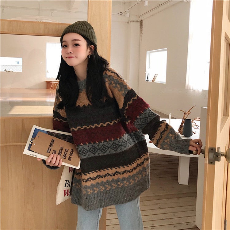 Retro Japanese Sweater for Women Autumn Winter 2023 Korean Lazy Loose Knitwear White - Image 3