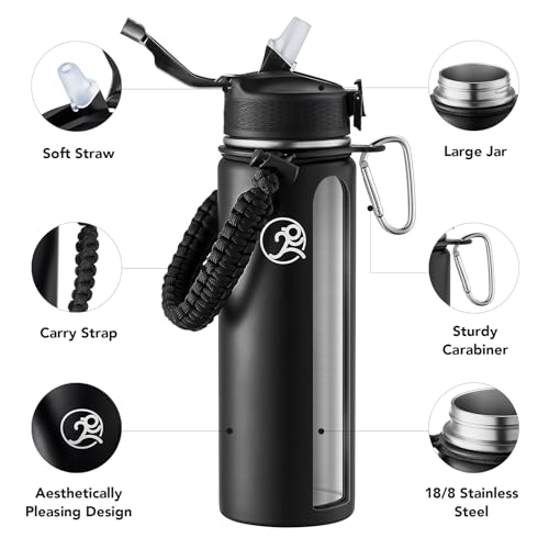 GOSWAG Insulated Sports Water Bottle, 24oz 2 Lids(with Straw/No Straw), Stainless Steel Water Bottles with Paracord Handle, Insulated Bottle with Double-Wall Vacuum Insulation - Image 3