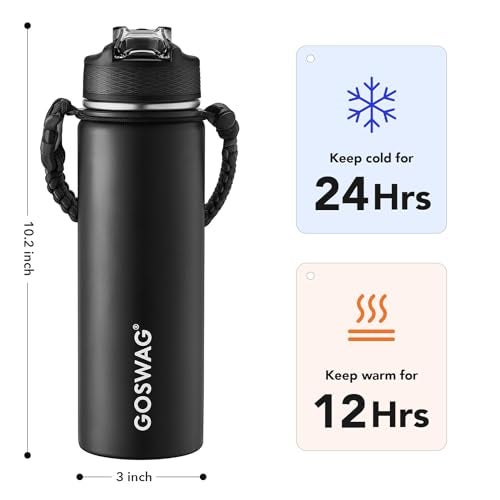 GOSWAG Insulated Sports Water Bottle, 24oz 2 Lids(with Straw/No Straw), Stainless Steel Water Bottles with Paracord Handle, Insulated Bottle with Double-Wall Vacuum Insulation - Image 2