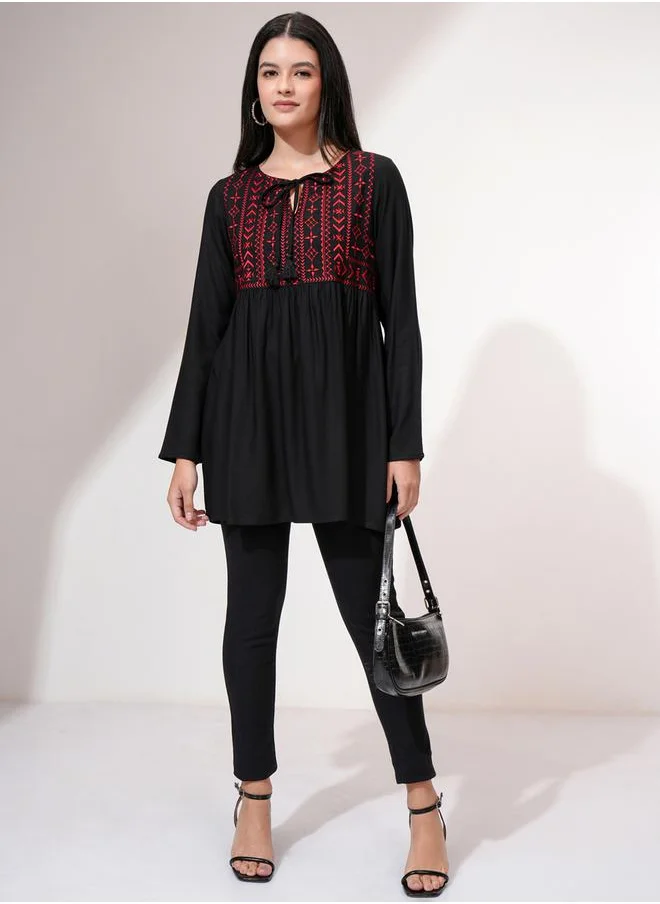 Vishudh Embroidered Tie-Up Neck Long Sleeves Top by Styli