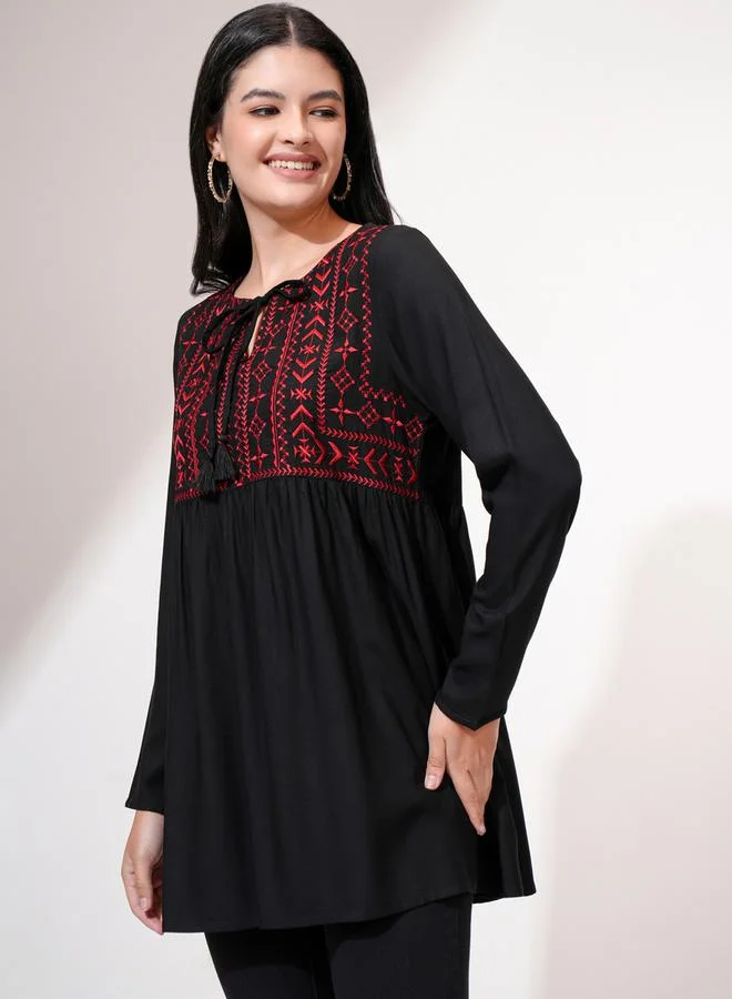 Vishudh Embroidered Tie-Up Neck Long Sleeves Top by Styli