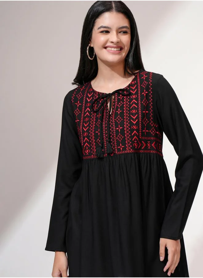 Vishudh Embroidered Tie-Up Neck Long Sleeves Top by Styli
