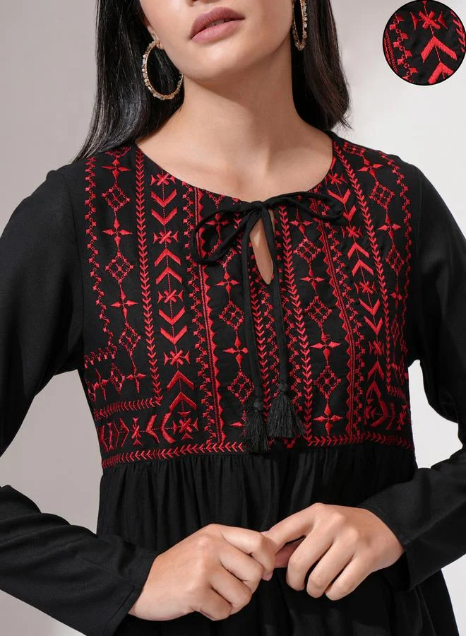 Vishudh Embroidered Tie-Up Neck Long Sleeves Top by Styli