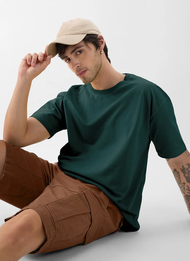 The Souled Store  The Souled Store Men Green Solid Cotton Oversized Fit T-Shirt  | Best Price UAE