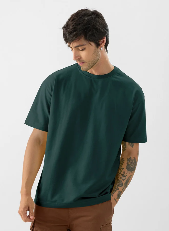 ذا سوليد ستور The Souled Store Men Green Solid Cotton Oversized Fit T-Shirt