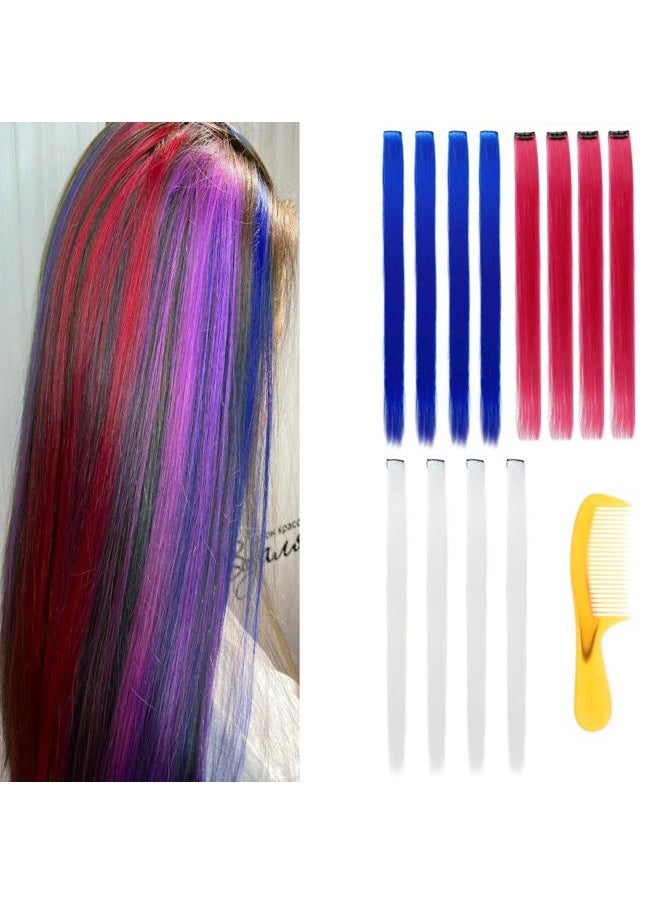 SF FINE 22 Inch Colored Hair Extensions 12 Packs Multi-colors Party Highlights Clip in for Women and Kids Colorful Straight Long Hair Extensions Rainbow Hair Extension (White+red+blue)  - Image 1