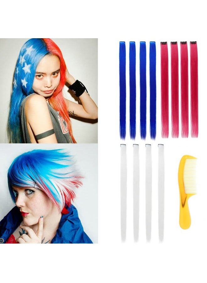 SF FINE 22 Inch Colored Hair Extensions 12 Packs Multi-colors Party Highlights Clip in for Women and Kids Colorful Straight Long Hair Extensions Rainbow Hair Extension (White+red+blue)  - Image 3