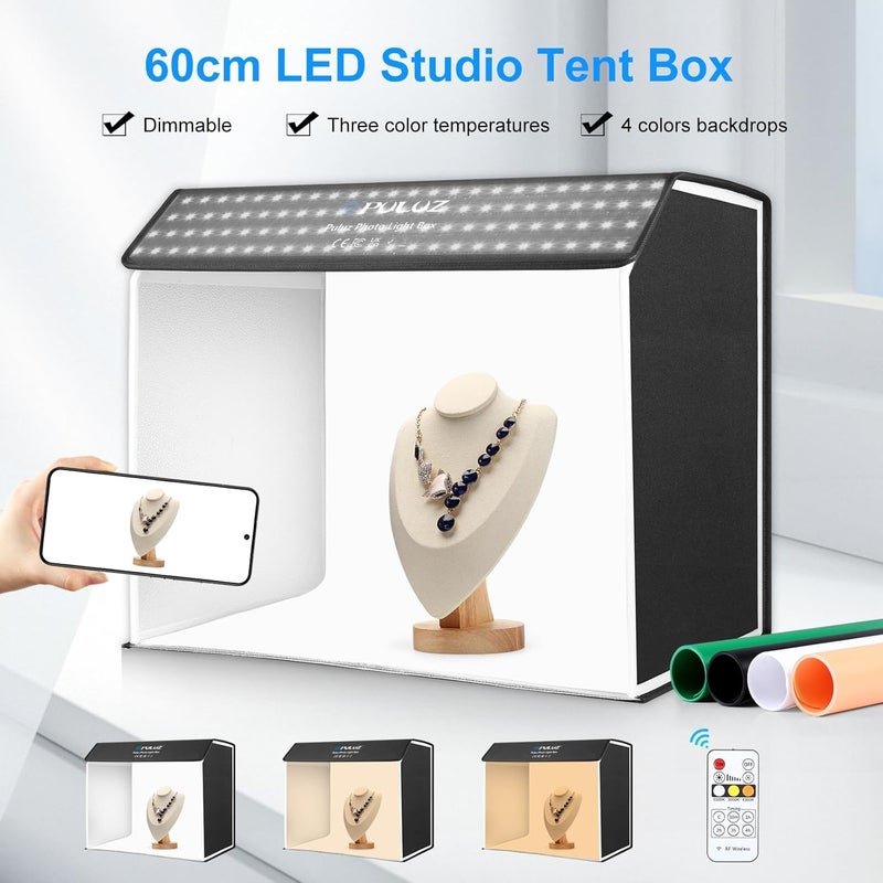 بولوز صندوق إضاءة PULUZ مقاس 24 × 16 بوصة، مناسب لاستوديو التصوير الفوتوغرافي الكبير، مزود بـ 672 مصباح LED و4 خلفيات لتصوير المجوهرات والمنتجات الغذائية، مع درجة تشبع اللون (CRI) تتراوح بين 3000 و6500 كلفن وقابلية للتحكم في الإضاءة. - Image 2