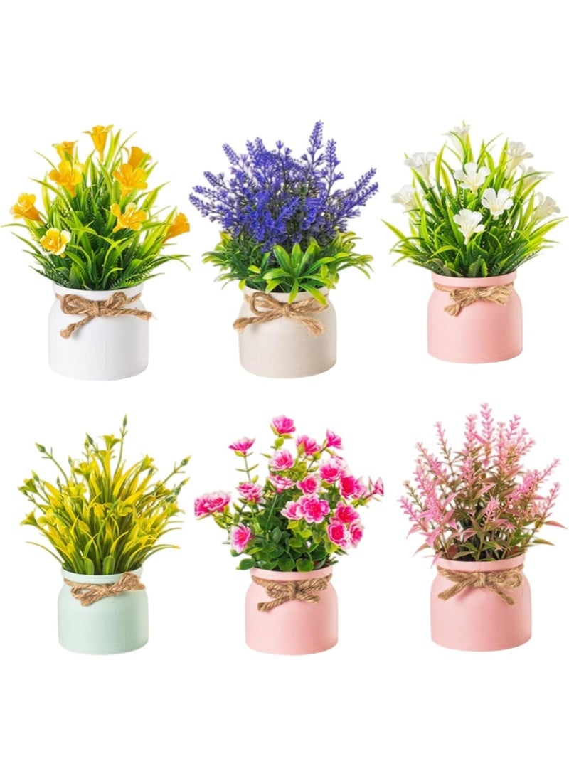 Arabest 6Pcs Artificial Potted Flowers, Mini Flower Pots, Faux Plants Indoor, Spring Decor for Bathroom, Kitchen, Shelf, Office - Image 1