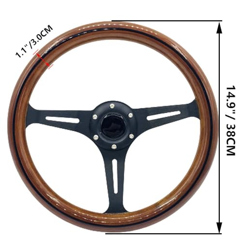 YEHICY 15" Classic Wood Grain Steering Wheel Black Spokes 380mm Grant Nostalgia Style Racing Mahogany Wood Steering Wheel with Horn Button - Image 4