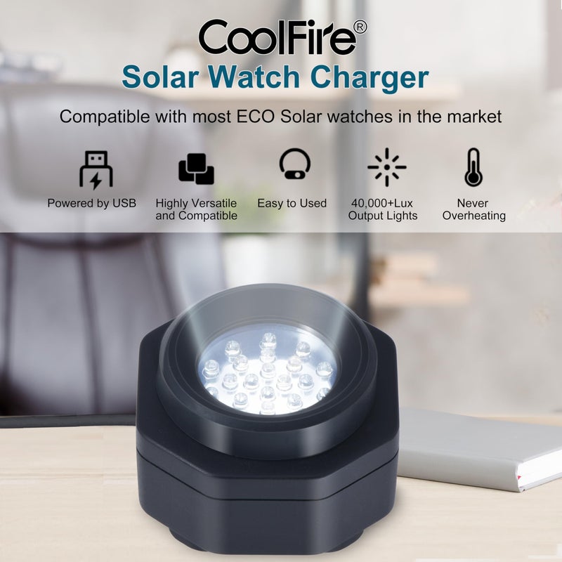 CoolFire (The Original) - USB-C UV Free Solar Watch Fast Charger for All Eco Solar Watches. Safe 24/7 Charging (No 8H Timer Needed). Reloj Hombre Portable Charger. BK - Image 3