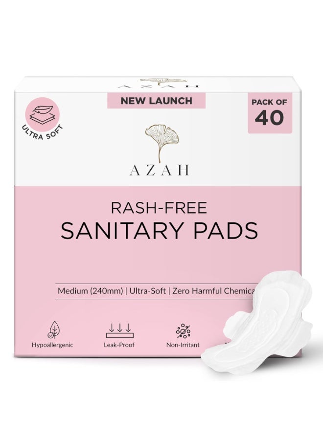 عزة فوط صحية أزاه للنساء [عبوة من 40 فوطة] | فوط صحية 240 مم | خالية من الطفح الجلدي 100% | غطاء علوي فائق النعومة، ناعم كالقطن وجاف للتدفق الغزير | خالية من السموم، تحبس الروائح، مانعة للتسرب - Image 1